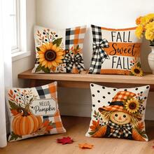 4 Stück Herbst-Kariert-Kürbis-Themen-Muster einseitig bedruckte Kissenbezüge/Kissenbezüge, Multi-Szenen-Atmosphären-Dekoration Kissenbezüge geeignet für Wohnzimmer, Sofa, Schlafzimmer, Kissenfüllungen nicht enthalten - Verschiedenfarbig - Übersicht 10