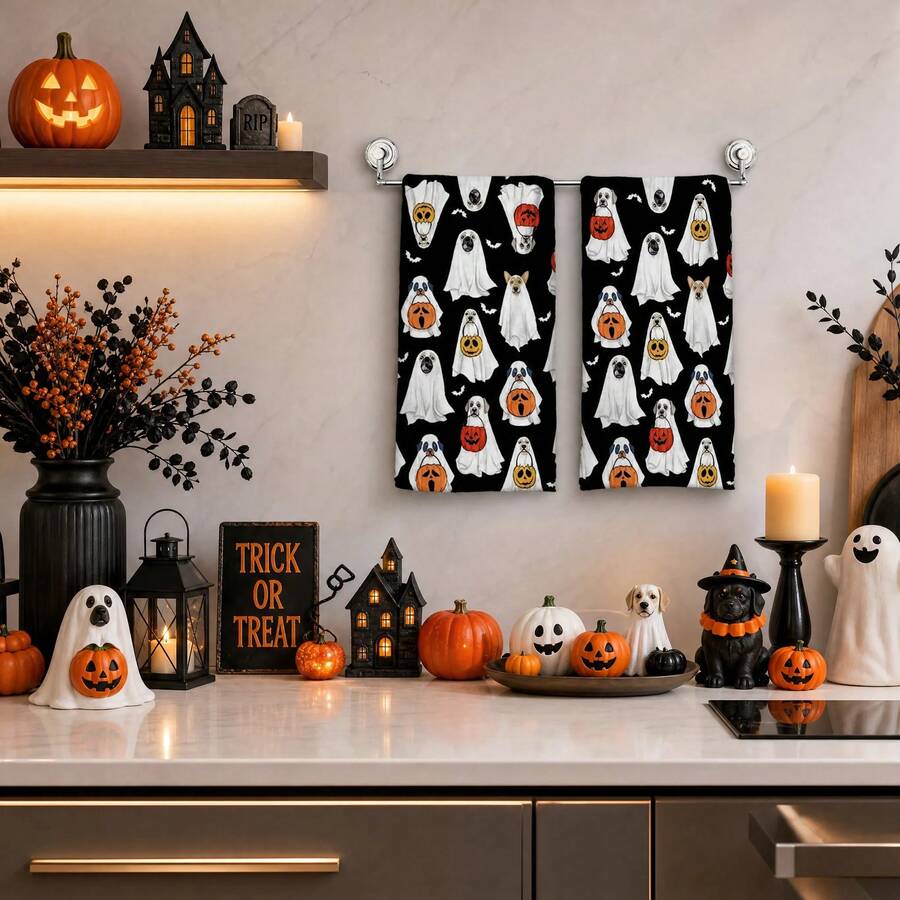 2/4/48pcs Halloween Series Black Background Pink Ghost Boo Pattern Printed Kitchen Towels - Super Soft, Highly Absorbent Polyester Tablecloths And Hand Towels, Perfect For Holiday Decor, Kitchen Decor, Party Decor.