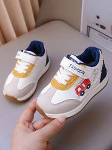 Sepatu Jalan Kasual Anak-anak Motif Kendaraan Konstruksi Kartun dengan Perekat Ajaib, Mudah Dipasang/Dilepas, Sol Lembut, Anti Selip, Unisex, Motif Patchwork. - Biru - View 1
