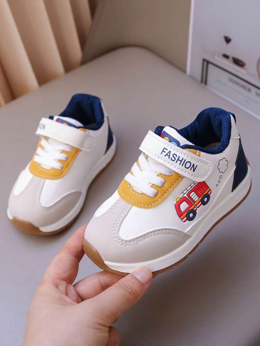 Sepatu Jalan Kasual Anak-anak Motif Kendaraan Konstruksi Kartun dengan Perekat Ajaib, Mudah Dipasang/Dilepas, Sol Lembut, Anti Selip, Unisex, Motif Patchwork. - Biru - View 1