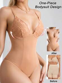 1pc Seamless Lace Deep V-Neck Shaping Bra, Effective Body Shaper Suitable For Weddings And Parties - Apricot - View 4