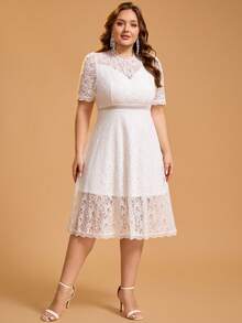 Plus Size Women's Round Neck Lace A-Line Cocktail Party Dress, Suitable For Bachelorette Party, Bridal Shower, Brunch, Graduation Party, Homecoming Dance - White - View 4