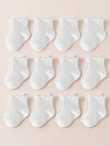 5 Pairs Infant Toddler Solid White Spring Summer All Season Lace Trim Pastoral Style Cute Ruffled Short Socks Soft Comfortable - Multicolor - View 1