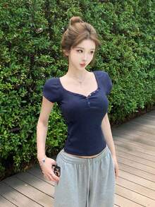 女士甜心领修身短袖T恤，春夏休闲款 - 藏蓝色 - 查看 6