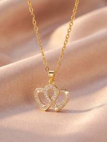 1 pieza/Collar de moda para mujer, estilo real elegante, aleación con circonita transparente incrustada, colgante de doble corazón entrelazado, accesorio versátil de doble color oro y plata para playa, vacaciones, viajes, regalo de San Valentín y citas, joyería de cuello - Multicolor - Ver 4