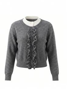 Cardigan Sweater Wanita Gaya Korea INS Leher Bulat Rajutan Kabel Desain Plaket 2 In 1 Atasan Kasual Serbaguna Musim Gugur/Musim Dingin - Grey - View 6