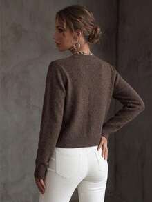 Autumn/Winter Commute Single-Breasted Long Sleeve Pocket Knit Cardigan, Versatile - Coffee Brown - View 3