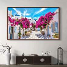 1pc Diamond Painting Kit, Romantic Mediterranean Style Diamond Art, Santorini Blue & White Town With Rose Red Flower Wall Landscape, Handmade Rhinestone Decor Wall Painting, Gift - round diamond - View 4