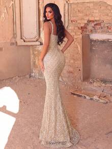 Elegant Spaghetti Strap Beaded Evening Gown, Exquisite Embroidery, Mermaid Cut Slimming Fit, Perfect For Formal Dinner, Wedding, Photography - Apricot - View 2
