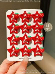 12pcs,Y2K Girls Red Five-Pointed Star Strawberry 3CM Hair Clips,Fashion Hair Accessories,Suitable For Daily Life,School And Outdoor Activities - Red - View 8