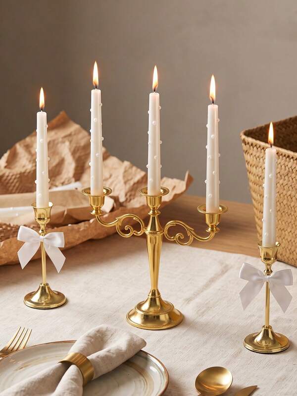 1 Set/1pc Metal Multi-Head Combination Candlestick, French Vintage Style Bow Single Head + Multi-Head Curved Stem Candle Holder, Living Room Homestay Wedding Tabletop Soft Decoration Ornament, Brass Gold Cone-Shaped Candlestick, High-End Candlestick And Accessories, Vintage Modern Decorative Centerpiece Candlestick, Suitable For Festival Celebration, Holiday Party, Wedding, Gathering, Home Gift, Birthday Gift, Festival Table Decor Personalized Gift, Valentine's Day Gift, Festival Gift, Party Supplies, Home Dining, High-End Restaurant Supplies, Wedding Decoration