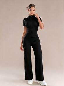 YZMJAFU Women's 2-Piece Yoga Set, Short Sleeve Zip-Up Jacket & High-Waisted Wide Leg Pants, Slim Fit Gym Workout Casual Outfit - Black - View 4