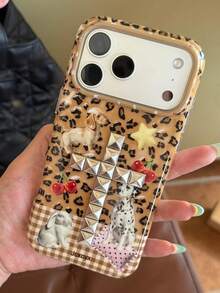 奢華閃亮亮片豹紋動物交叉 IMD 手機殼，適用於 iPhone 17 Pro Max 16 15 14 13 12 11 Pro Max，酷帥龐克個性軟背殼 - 豹紋十字架 - 查看 1