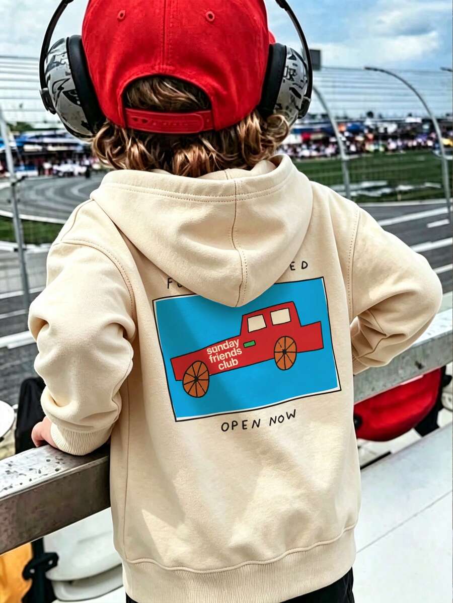 Boys Cartoon Red Car Graphic Hoodie, Soft Fleece Long Sleeve Hooded ...