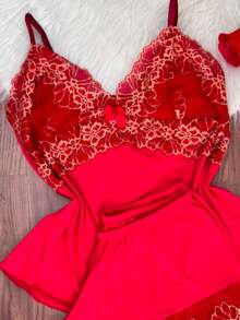 Short Doll Women's Pajama Set / Bicolor Lace - 珊瑚橙 - 查看 2