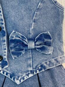 2pcs/Set Girls Elegant Bow Decor Vest With Hat, Pleated Skirt, Summer - Medium Wash - View 6