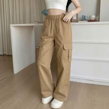 1pc Teen Girls' Back To School Season Minimalist Retro Cargo Pants With Large Pockets - Khaki - View 6