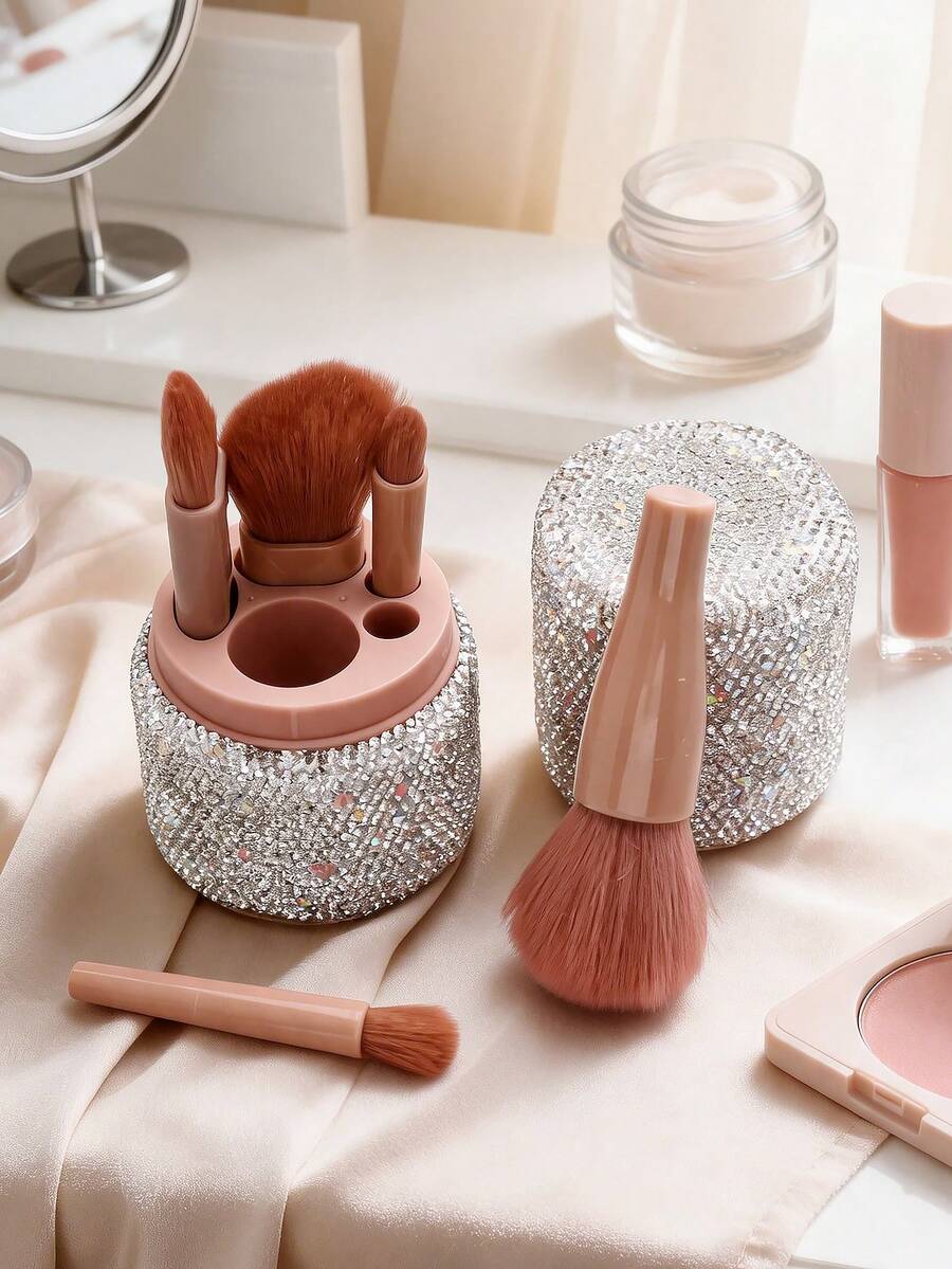 1 Set Rhinestone-Encrusted Cylindrical Makeup Brush Holder, Full Rhinestone Sparkling Craftsmanship Surface With Exquisite Pink Inner Lid Design, Large Capacity To Store Makeup Brushes, Foundation Brushes, Eyeshadow Brushes, Blush Brushes And Other Makeup Tools, Also Suitable For Lipsticks, Eyelash Curlers And Other Cosmetic Tools, Perfect For Vanity, Makeup Table, Bathroom Countertop And Bedroom Desk - Pink - View 1