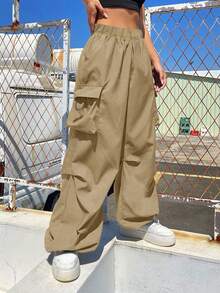 1pc Teen Girls Loose Flap Pocket Side Drawstring Cargo Pants, Suitable For Spring, Summer And Autumn/Winter - Khaki - View 2