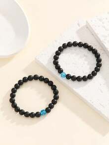 2pcs/Set Glow-In-The-Dark Black Bead Couple Friendship Family Bracelet Set, Casual Jewelry For Daily Wear And Holiday Gift - Multicolor - View 7