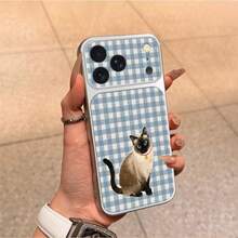 1pc TPU Material Fresh Blue & White Plaid Bell Siamese Cat Pattern Phone Case Suitable For IPhone 17 Pro Max/17/16 Pro Max/15/14/13/12/11 Full Coverage Anti-Drop Soft Shell Phone Protective Cover - Silver - View 1
