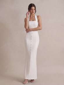 PARTHEA Elegant White Women Halter Mermaid Maxi Party Dress, Square Neck Faux Front Buttons Back Split Formal Long Gown - White - View 1