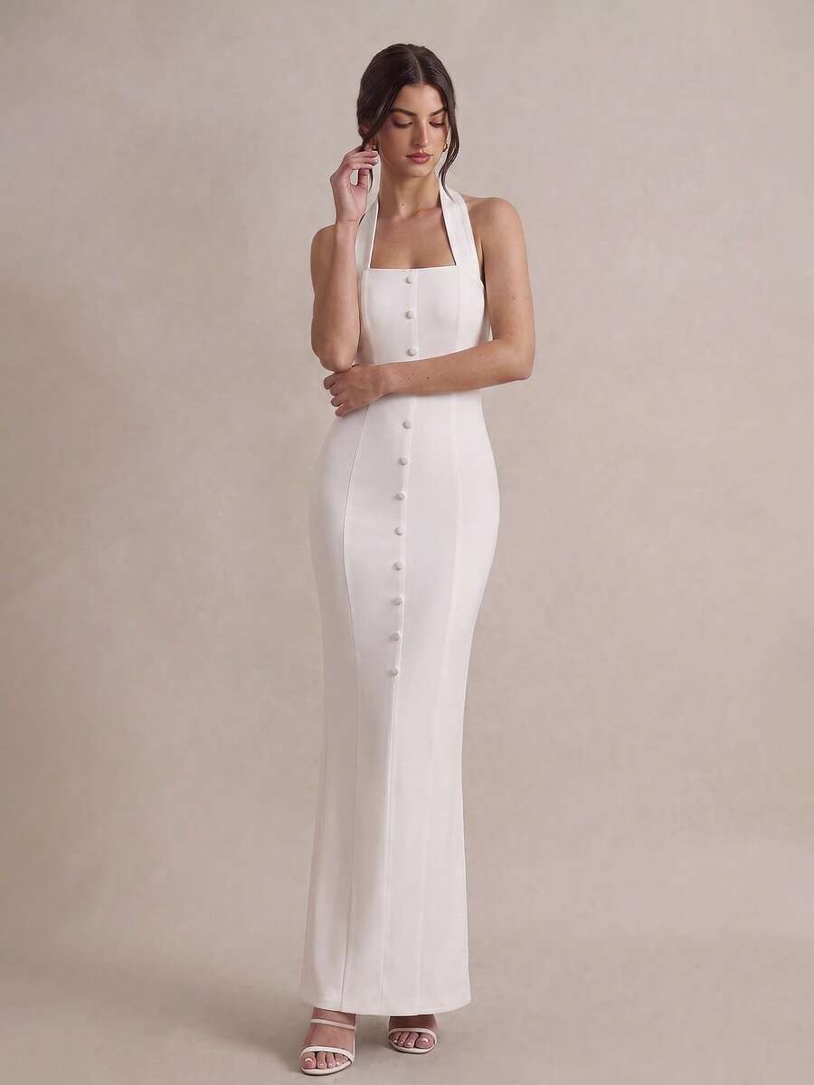 PARTHEA Elegant White Women Halter Mermaid Maxi Party Dress, Square Neck Faux Front Buttons Back Split Formal Long Gown - White - View 1