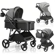 2-in-1-Kinderwagen, Zusammenklappbarer Kinderwagen Mit Umkehrbarem Sitz, Verdeck, Einkaufskorb, Getränkehalter, Leichter Kinderwagen, Geeignet Für Babys Von 0 Bis 36 Monaten - Grau - Übersicht 8