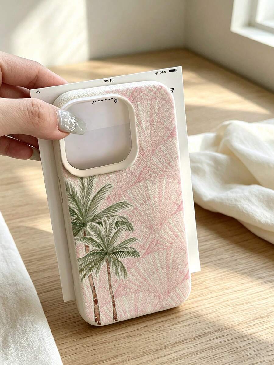 1pc Cream Leather Texture Raised Large Camera Frame Phone Case, Light Pink Watercolor Fan-Shaped Background With Palm Tree Print, Shockproof Soft Protective Phone Case, Suitable For Apple17/16/11/12/13/14/15/15Pro/15Plus/15ProMax/7Plus/8Plus/X/XsMax/Xr/11Pro/13Pro/14Pro/11ProMax/12ProMax/13ProMax/14ProMax/14Plus/7/8/16Pro/16Plus/16ProMax/17Pro/17e/17ProMax - Multicolor - View 1