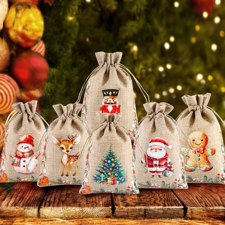 1/6/12/24pcs Festive Christmas Jute Burlap Gift Bags With Drawstring Closure - Watercolor Santa, Snowman, Nutcracker, Gingerbread For Man & Reindeer Designs, Rustic Linen Fabric For Holiday Party Favors, Treat Bags, Jewelry Storage & Xmas Decorations - Multicolor - View 1