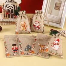 1/6/12/24pcs Festive Christmas Jute Burlap Gift Bags With Drawstring Closure - Watercolor Santa, Snowman, Nutcracker, Gingerbread For Man & Reindeer Designs, Rustic Linen Fabric For Holiday Party Favors, Treat Bags, Jewelry Storage & Xmas Decorations - Multicolor - View 7