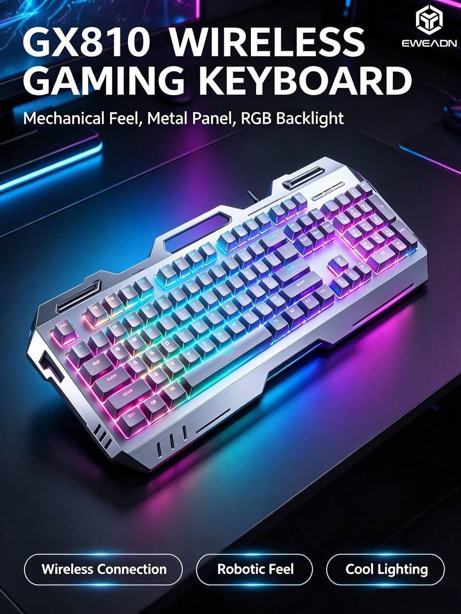EWEADN Keyboard Mekanik Metal dengan Pencahayaan RGB, Kombo Keyboard & Mouse Gaming Nirkabel Dual-Mode Isi Ulang, Set 3 Buah, Perangkat Komputer Gaming GX810 (Mekanik Berkabel) - View 1