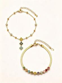 2 Peças Conjunto de Corrente de Pé de Dupla Camada Resort à Beira-Mar, Banhado a Ouro 18K em Aço Inoxidável, Cor Premium, Diamante, Corrente de Pé da Moda Feminina - Ouro 3 - Visão 4