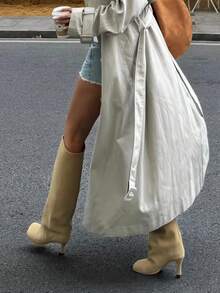 女款尖頭細跟高跟長靴，膝高寬筒靴，顯腿長優雅直筒靴 - 杏色 - 查看 5