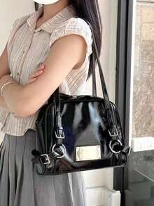 Korean Niche Design Bowling Underarm Shoulder Bag, Vintage Commuter Daily Outing Shopping Fashion Minimalist Large Capacity Bag - Black - View 3