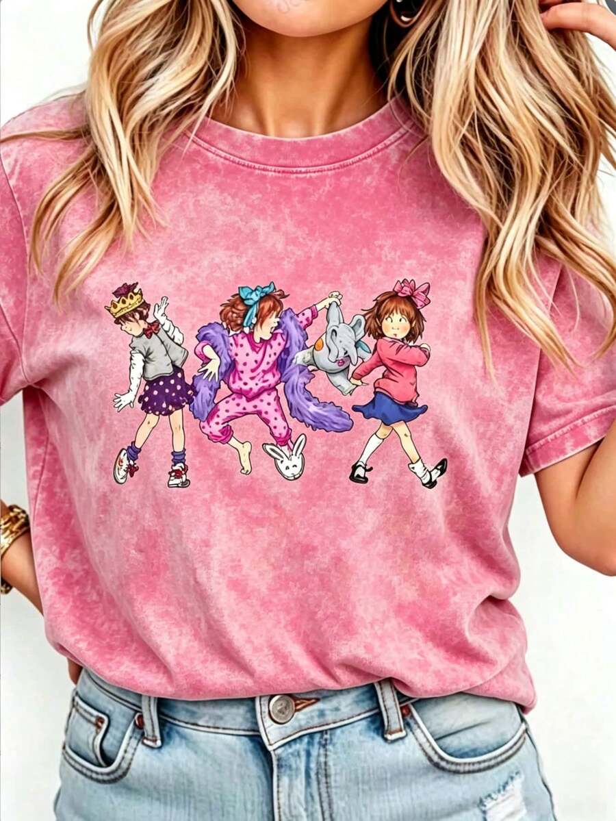 Junie B Teacher Shirt Junie B Jones Kindergarten Teacher T-Shirt Teacher Life T-Shirt Teacher Gift Women Round Neck Printed Camisa Pink - 玫紅色 - 查看 1