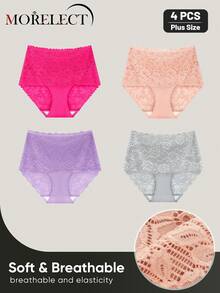 Morelect 4pcs/Pack Women Plus Size Lace Panties, High Waist Tummy Control Sexy Daily Underwear - Multicolor - View 4