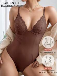 1pc Seamless Lace Deep V-Neck Shaping Bra, Effective Body Shaper Suitable For Weddings And Parties - Brown - View 2