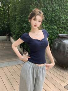 女士甜心领修身短袖T恤，春夏休闲款 - 藏蓝色 - 查看 1