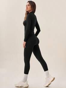 TimeOff Women's One Set Autumn/Winter Solid Color Stand Collar Slim Fit Long Sleeve Leggings Set - Black - View 7