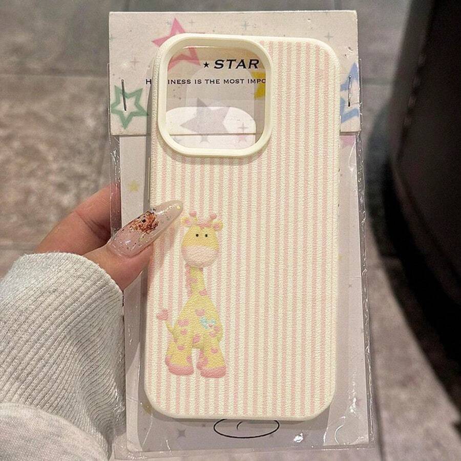 TPU Material Pink Striped Heart Giraffe Cute Pattern Phone Case Compatible With IPhone 17 Pro Max/17/16 Pro Max/15/13/12/11/ S20 FE/A15/S24/A55/ Note 11/Note 12/Note 13 Pro Full Coverage Anti-Drop Soft Shell Phone Protective Cover - White - View 1