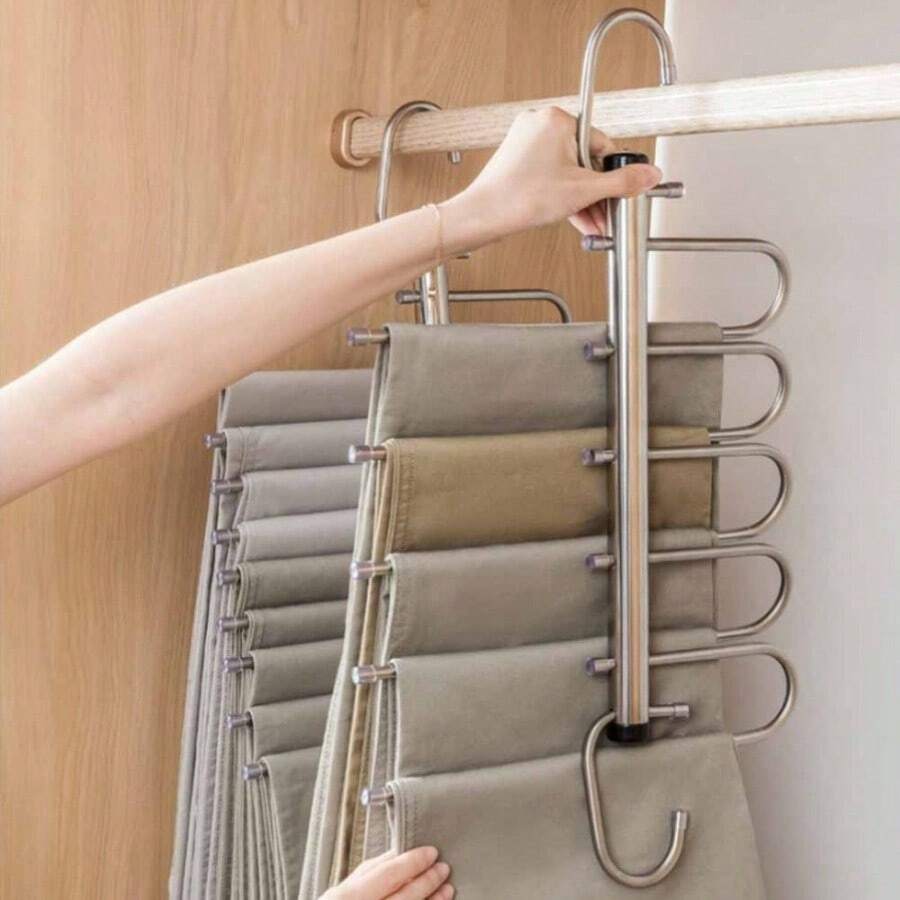 1pc Stainless Steel 6-Layer Magic Pants Hanger - With Anti-Slip Strips, Reinforced Thick Heavy-Duty Multi-Layer Pants Rack With No-Mark Magic Clips, Space-Saving Closet Organizer, Suitable For Rod/Ceiling, Adjustable Pole, Fit For Home/Office/Hotel