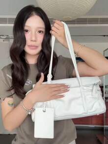 韓式慵懶極簡腋下法棍包 小眾設計大容量托特包 時尚通勤戶外日常購物手提單肩托特包 女款 - 白色 - 查看 5