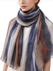 1 New Cotton Scarf Gradual Change Color Striped Headscarf, Retro Versatile Print Women's Long Pleated Shawl - Multicolor - View 1