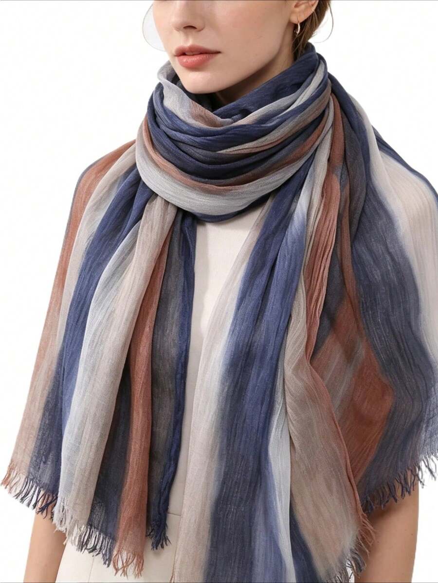 1 New Cotton Scarf Gradual Change Color Striped Headscarf, Retro Versatile Print Women's Long Pleated Shawl - Multicolor - View 1