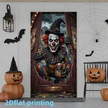 2D Flat Banner 1pc Scary Clown Circus Halloween Decoration Hanging Cloth, Breaking Through Door Thriller Ghost Face Print Door Cover Banner, Suitable For Halloween Theme Party Backdrop, Home Porch Thriller Decoration, Horror Carnival Atmosphere Setup, Polyester Material - A - View 8