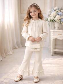 Young Girl Girls Elegant 2 Pieces Set, Cream Pearl Embellished Long Sleeve Top & Flared Pants, Birthday Party Spring Fall Outfit, For 4-8 Years - Apricot - View 5