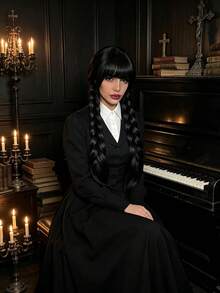 1pc Gothic Black Bangs Double Braids Wig, Dark Halloween Wig, Suitable For Halloween Festival Events, Theme Parties, Costume Parties, Cosplay, Decorative Wig - Multicolor - View 4