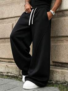Solid Color Curved Split Wide Leg Sweatpants For Men, Drape Knit Fabric, Contrast White Double Drawstring, 3D Curved Stitching Tailoring, Loose Drape, Basic Loose Long Pants, Unisex - Black - View 2