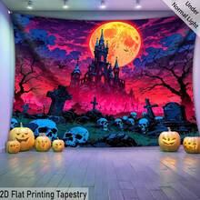 2D Flat 1-Piece QD_VIVIOS Halloween Pumpkin, Skull, Bat, Spider Web Graffiti Print Blacklight Tapestry, UV Reactive Fluorescent Wall Hanging - Rose Red - View 3